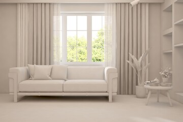 Mock up of stylish room in white color with sofa and green landscape in window. Scandinavian interior design. 3D illustration