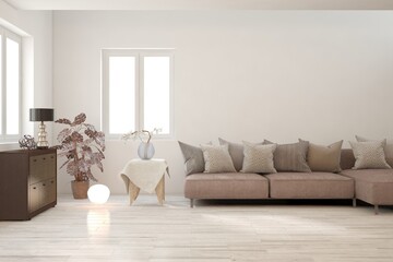 White living room with sofa. Scandinavian interior design. 3D illustration