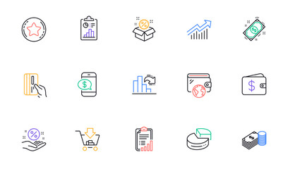 Payment, Loan percent and Dollar wallet line icons for website, printing. Collection of Decreasing graph, Checklist, Report icons. Savings, Pie chart, Demand curve web elements. Vector