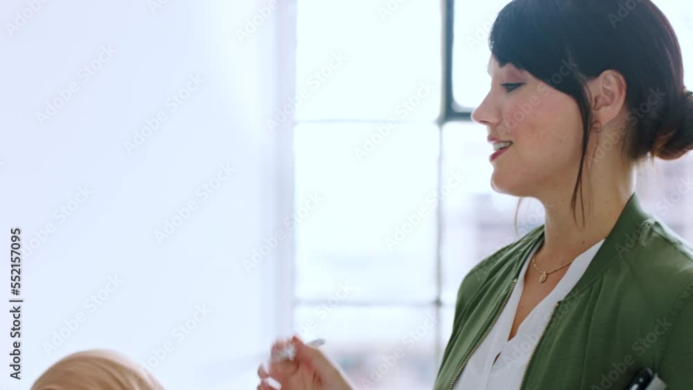 Poster office, presentation and woman with tablet idea using graphic design stylus pen for explanation. cre