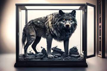 photorealistic wolf in a sci-fi/knolling case - AI Generated