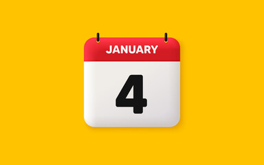 Calendar date 3d icon. 4th day of the month icon. Event schedule date. Meeting appointment time. Agenda plan, January month schedule 3d calendar and Time planner. 4th day day reminder. Vector