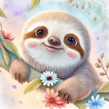 smiling sloth with flowers