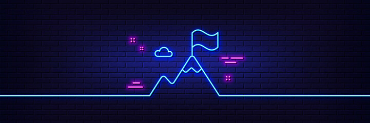 Neon light glow effect. Mountain flag line icon. Goal challenge sign. Leadership symbol. 3d line neon glow icon. Brick wall banner. Mountain flag outline. Vector