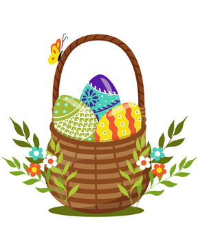 Happy easter. Easter basket with eggs. Cute vector illustration isolated on a white background. Can be used as a card, sticker, picture, etc.