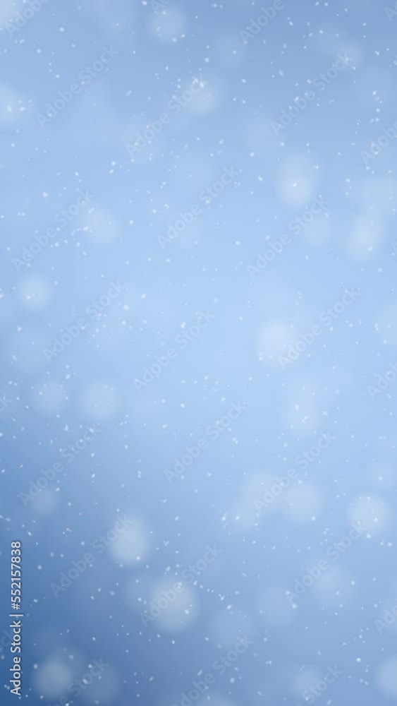 Poster blue sky circle bokeh light with looped snowflakes falling down animation. copy space vertical backg