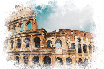 Watercolor illustration of Colosseum in Rome. Exterior view of Colosseum in Rome Italy. Travel to...