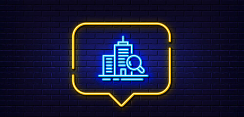 Neon light speech bubble. Inspect line icon. Building quality sign. Construction verification symbol. Neon light background. Inspect glow line. Brick wall banner. Vector