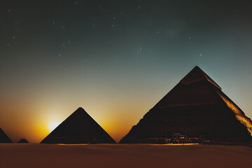 Fototapeta na wymiar pyramids in the desert on a starry night created with Generative AI