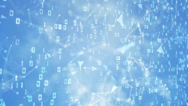 Seamelss loop features animated technology based shapes, connected white lines, blurry dots and digital binary numbers data on a blue background.