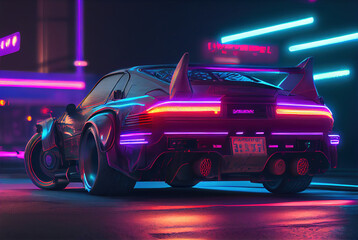 Cyberpunk Futuristic retro wave synth wave car, Retro sports car with neon backlight contours, generative ai