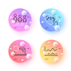 Equality, Trade infochart and Genders minimal line icons. 3d spheres or balls buttons. Recovery laptop icons. For web, application, printing. Equity, Business analysis, Inclusion. Backup data. Vector