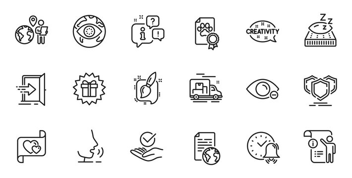 Outline set of Dog certificate, Alarm bell and Cyber attack line icons for web application. Talk, information, delivery truck outline icon. Include Approved, Manual doc, Myopia icons. Vector