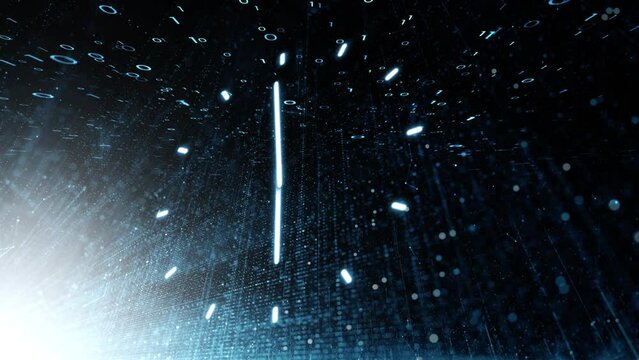 Artistic infinity time clock loop motion with binary data on digital technology network animation backgrounds.