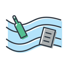 Vector isolated icon of polluted water.  Waste, bottles and paper among the waves.