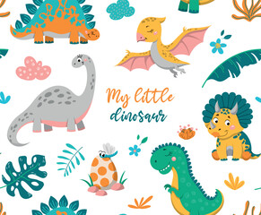 Fototapeta na wymiar Dinosaurs seamless pattern. Repeating design element for printing on fabric. Animals BC and wild life. Charming characters, nature and fauna. Poster or banner. Cartoon flat vector illustration