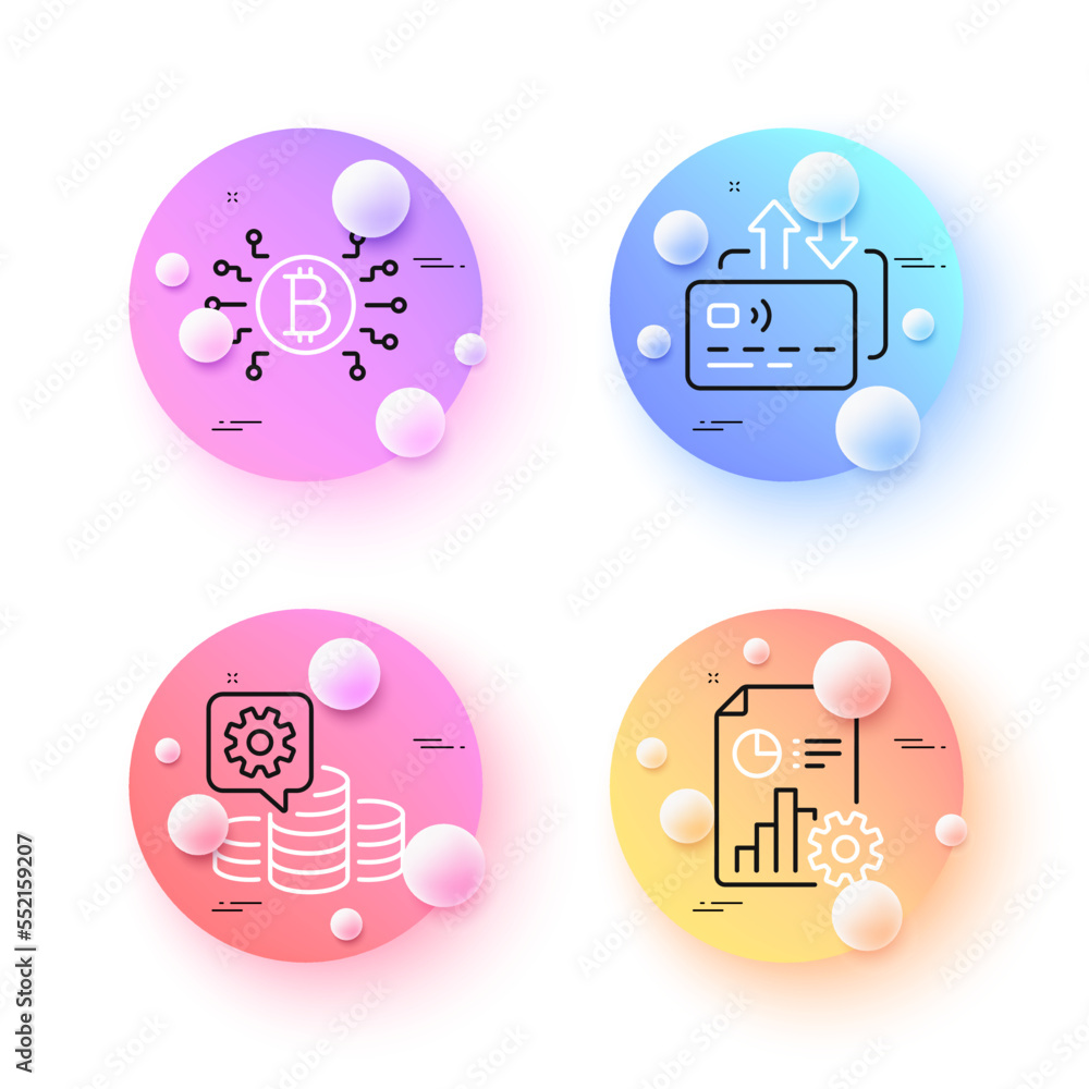 Poster bitcoin system, report and card minimal line icons. 3d spheres or balls buttons. making money icons.