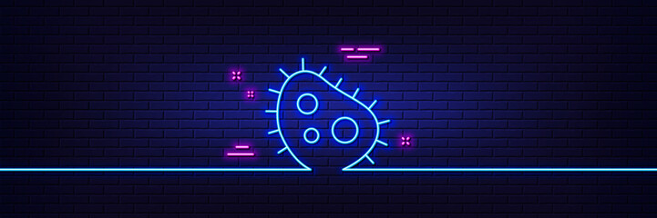 Obraz premium Neon light glow effect. Bacteria line icon. Antibacterial sign. Dirty symbol. 3d line neon glow icon. Brick wall banner. Bacteria outline. Vector