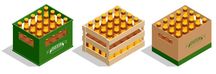 Isometric Drink crate with beer bottles. Isolated beer pack, alcoholic drink