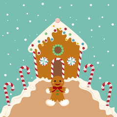 Gingerbread House with Gingerbread Man Christmas Holiday vector illustration