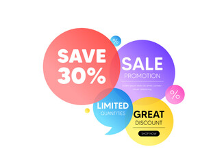 Discount offer bubble banner. Save 30 percent off tag. Sale Discount offer price sign. Special offer symbol. Promo coupon banner. Discount round tag. Quote shape element. Vector
