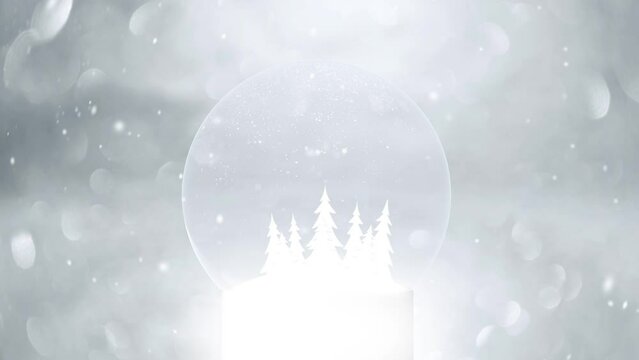 Christmas holiday snow globe snowball with animated snowy trees with falling snowflakes snowfall and bokeh glittering background. Copy space seamless loop background greeting card.