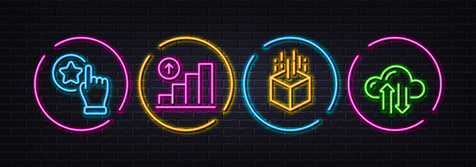 Graph chart, Rate button and Augmented reality minimal line icons. Neon laser 3d lights. Cloud sync icons. For web, application, printing. Growth report, Favorite, Virtual reality. Vector