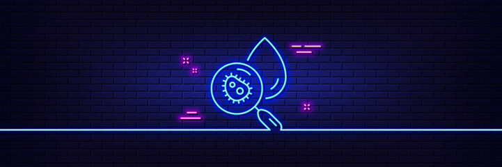 Neon light glow effect. Water analysis line icon. Dirty aqua drop sign. Search bacteria. 3d line neon glow icon. Brick wall banner. Water analysis outline. Vector