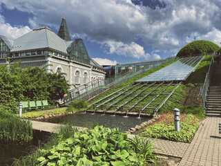 Rooftop Gardens of University library in center of Warsaw. Green building, plants and many trees....