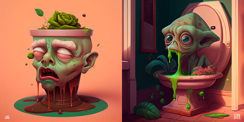 Zombie illustration. Head of green monster, collection character design, pots and flowers