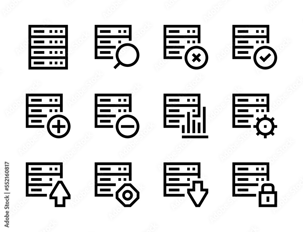 Poster database, server and data storage line vector icons. hosting equipment, file network and archive cen