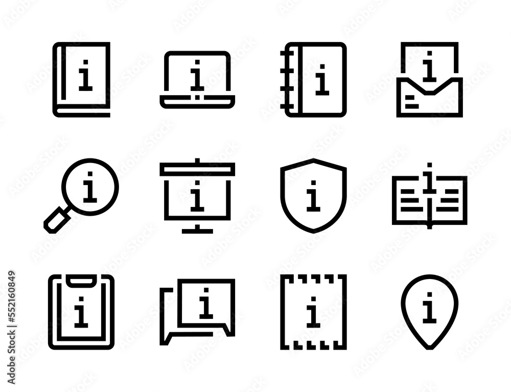 Aufkleber info and user guide line vector icons. help desk and information service outline icon set.