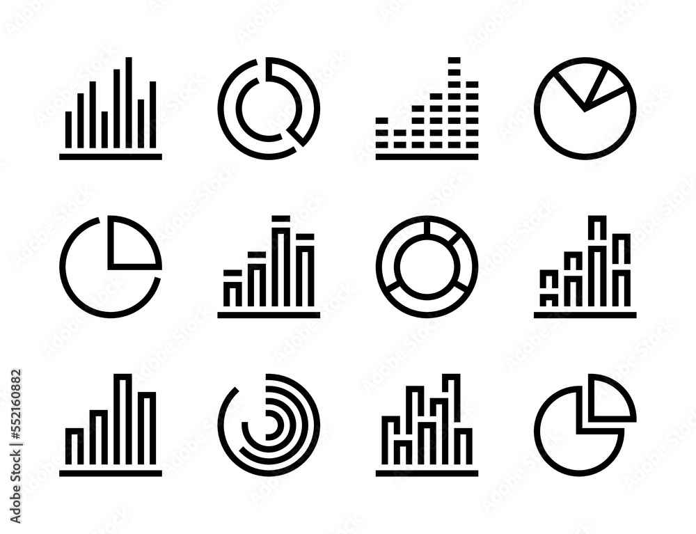 Poster statistics, graph and chart line vector icons. data graphic, analytics report and business diagram o