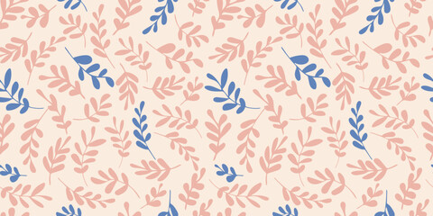 Silhouettes of doodle leaves horizontal seamless pattern. Vector hand drawn illustration in simple scandinavian doodle cartoon style. Isolated pink and blue branches on a light beige background.