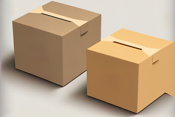 A close up image of two identical corrugated cardboard square boxes stacked on top of one another on white. Generative AI