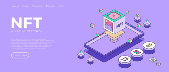 NFT theme design landing page. NFT abstract concept illustration in isometric design. Non-fungible token blockchain or marketplace in smartphone. Vector illustration design