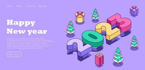 Happy New Year 2023 landing page. Christmas tree in cute minimalistic style. Creative concept for banner, flyer, cover, social media, design web page. Vector illustration concept