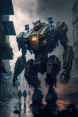 Fototapeta premium a battleworn mecha travelling through a destroyed city. Evil robot, cyborg machine, stunning atmosphere, storm clouds and rain, dieselpunk, cyberpunk, art illustration