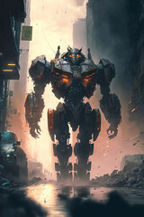 a battleworn mecha travelling through a destroyed city. Evil robot, cyborg machine, stunning atmosphere, storm clouds and rain, dieselpunk, cyberpunk, art illustration