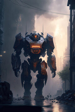 a battleworn mecha travelling through a destroyed city. Evil robot, cyborg machine, stunning atmosphere, storm clouds and rain, dieselpunk, cyberpunk, art illustration