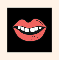 Doodle lips in black square. Minimalistic creativity and art in retro style. Graphic element for printing on fabric. Fashion and trend, aesthetics and elegance. Cartoon flat vector illustration