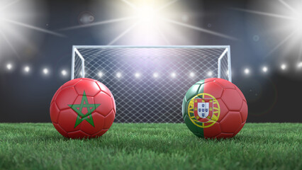 Two soccer balls in flags colors on stadium blurred background. Morocco vs Portugal. 3d image