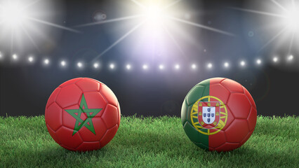 Fototapeta premium Two soccer balls in flags colors on stadium blurred background. Morocco vs Portugal. 3d image