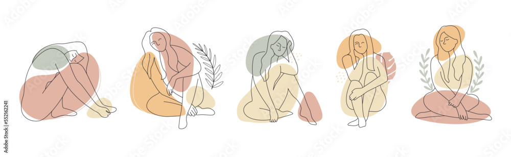 Poster female figures abstract set. collection of minimalistic design elements for website. aesthetics and 