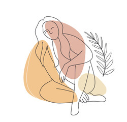 Female figure abstract. Woman sits next to leaves and flora. Aesthetics and elegance. Luxury cover, graphic element for printing on fabric. Beautiful young girl. Cartoon flat vector illustration