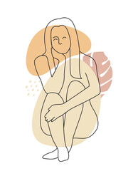 Female figure abstract. Woman sitting with head on her hand. Poster or banner for site. Fashion and trend, graphic element for printing on fabric. Model for magazines. Cartoon flat vector illustration