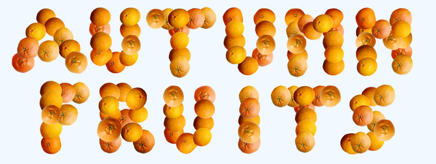 Text made of oranges, mandarines and tangerines. Slogan concept. Seasonal first fruits. Top view, flat lay, copy space, banner.