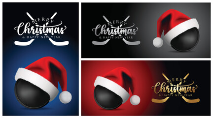 Christmas Hockey Puck and Santa Claus Hat - Merry christmas Sports Greeting Card - vector design illustration - Set of Blue Gold Red Black Background