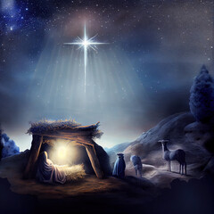 Nativity scene, Christian Christmas concept, Birth of Jesus Christ. Wooden manger with holy family in barn in dark blue night. - obrazy, fototapety, plakaty