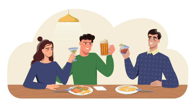 Friends on bar. Men and woman with food and alcoholic drinks. Cafe or pub, rest after work and study. Advertising poster or banner for website with happy hour. Cartoon flat vector illustration